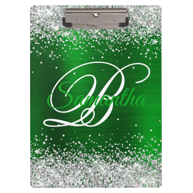 Silver Glitter Emerald Green Foil Fancy Monogram Clipboard (Front)
