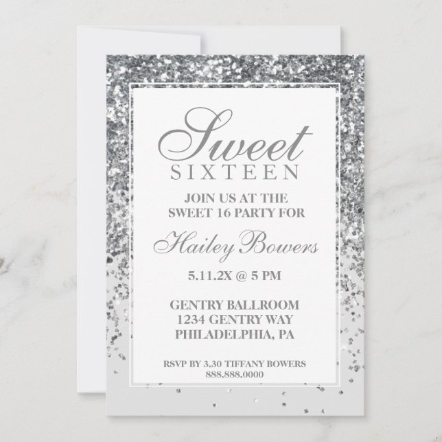 Silver Glitter Fab Sweet Sixteen Invitation (Front)