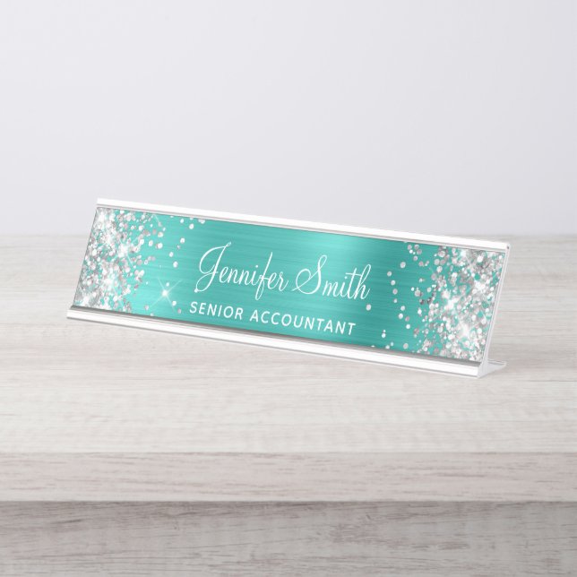 Silver Glitter Faux Bright Turquoise Foil Desk Name Plate (Front)