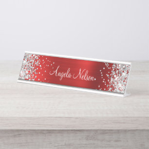 Silver Glitter Faux Ruby Red Foil Desk Name Plate