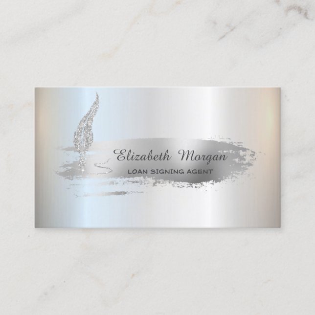 Silver Glitter Feather Silver Brush Stroke Notary Business Card (Front)