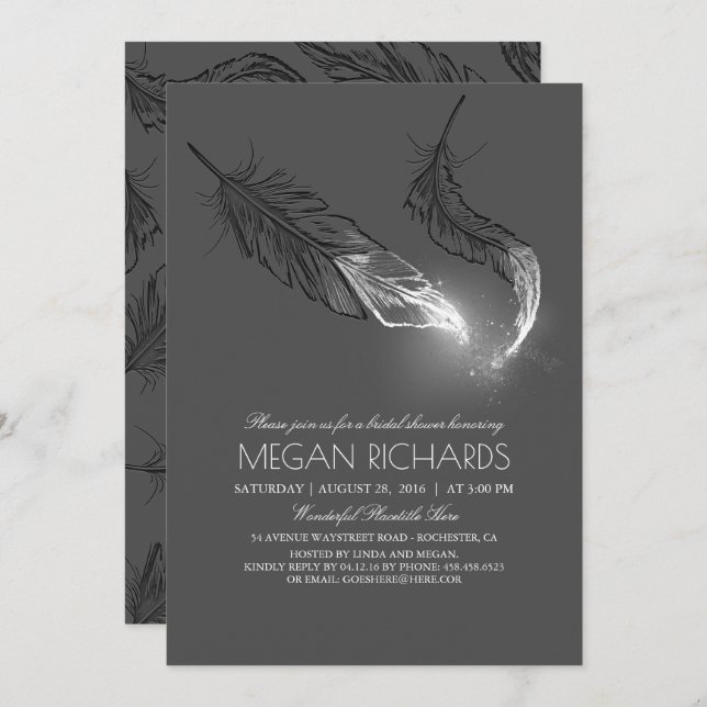 Silver Glitter Feathers Elegant Bridal Shower Invitation (Front/Back)
