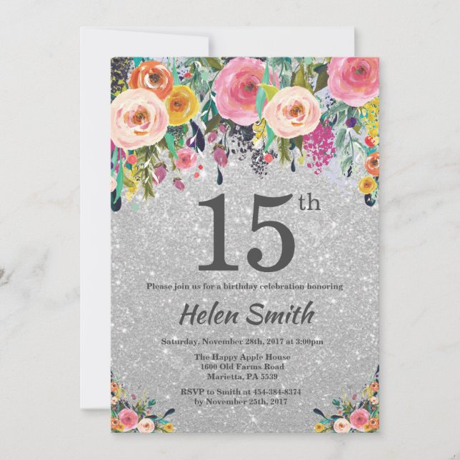 Silver Glitter Floral 15th Birthday Invitation (Front)