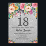 Silver Glitter Floral 18th Birthday Invitation<br><div class="desc">Silver Glitter Floral 18th Birthday Invitation for Women. Watercolor Floral Flower. Silver Glitter Background. Pink, Yellow, Orange, Purple Flower. Adult Birthday. 13th 15th 16th 18th 20th 21st 30th 40th 50th 60th 70th 80th 90th 100th, Any Ages. For further customisation, please click the "Customise it" button and use our design tool...</div>