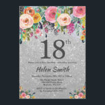 Silver Glitter Floral 18th Birthday Invitation<br><div class="desc">Silver Glitter Floral 18th Birthday Invitation for Women. Watercolor Floral Flower. Silver Glitter Background. Pink, Yellow, Orange, Purple Flower. Adult Birthday. 13th 15th 16th 18th 20th 21st 30th 40th 50th 60th 70th 80th 90th 100th, Any Ages. For further customisation, please click the "Customise it" button and use our design tool...</div>