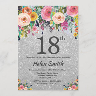 Silver Glitter Floral 18th Birthday Invitation