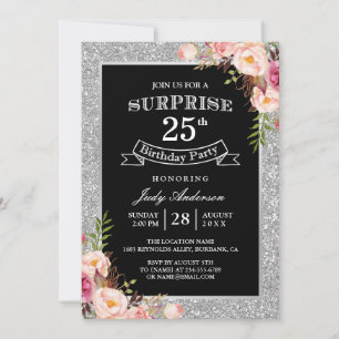 Silver Glitter Floral 25th Surprise Birthday Party Invitation
