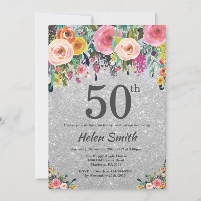 Silver Glitter Floral 50th Birthday Invitation (Front)