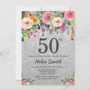 Silver Glitter Floral 50th Birthday Invitation