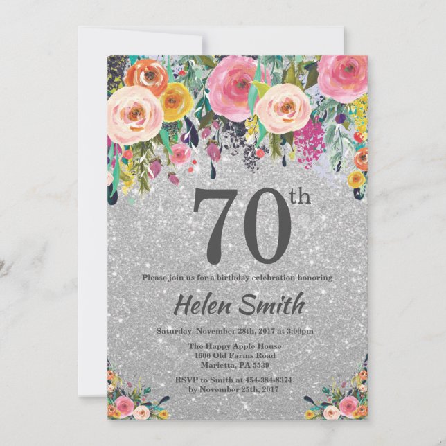 Silver Glitter Floral 70th Birthday Invitation (Front)