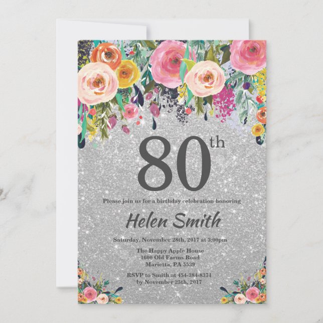 Silver Glitter Floral 80th Birthday Invitation (Front)