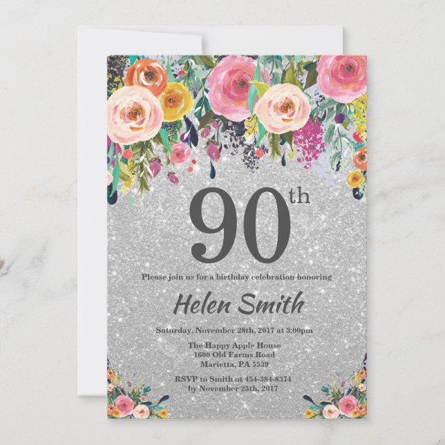 Silver Glitter Floral 90th Birthday Invitation (Front)