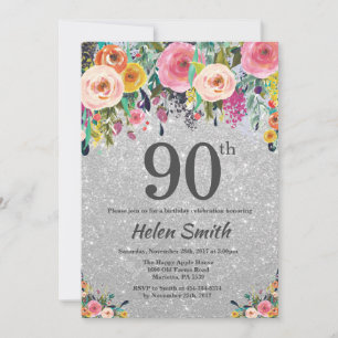 Silver Glitter Floral 90th Birthday Invitation