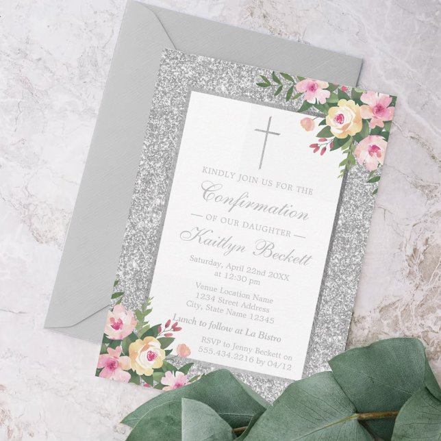 Silver Glitter Floral Confirmation Or Christening Invitation (Creator Uploaded)