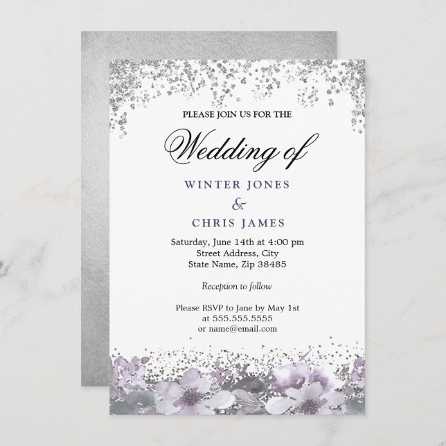 Silver Glitter Floral Purple Wedding Invitation (Front/Back)