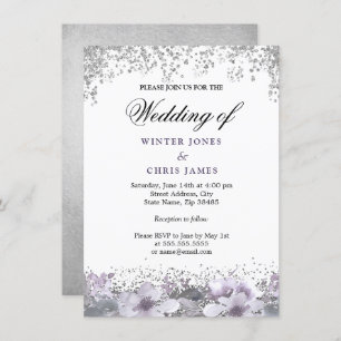 Silver Glitter Floral Purple Wedding Invitation
