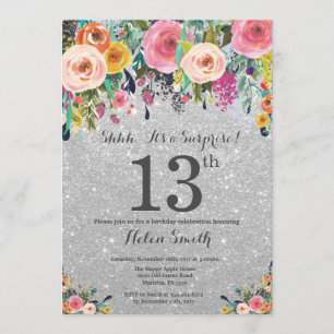 Silver Glitter Floral Surprise 13th Birthday Invitation