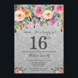 Silver Glitter Floral Surprise 16th Birthday Invitation<br><div class="desc">Silver Glitter Floral Surprise 16th Birthday Invitation for Girl. Watercolor Floral Flower. Silver Glitter Background. Pink, Yellow, Orange, Purple Flower. Adult Birthday. 13th 15th 16th 18th 20th 21st 30th 40th 50th 60th 70th 80th 90th 100th, Any Ages. For further customisation, please click the "Customise it" button and use our design...</div>