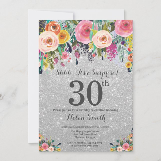 Silver Glitter Floral Surprise 30th Birthday Invitation (Front)