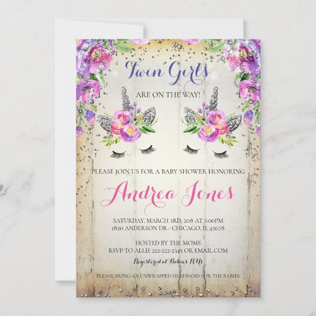Silver Glitter Floral Unicorn Baby Shower Invite (Front)