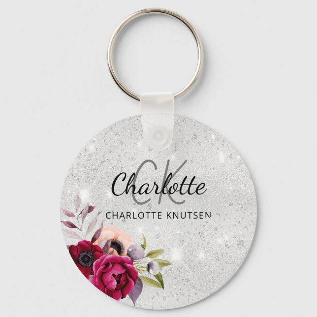 Silver glitter flowers burgundy monogram key ring (Front)