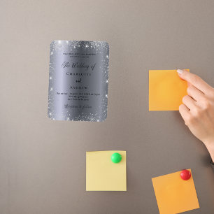 Silver glitter formal luxury wedding invitation magnet