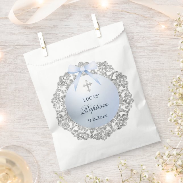 Silver Glitter Frame Blue Bow Baptism Favour Bags (Clipped)
