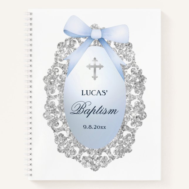 Silver Glitter Frame Blue Bow Baptism Guest Book (Front)