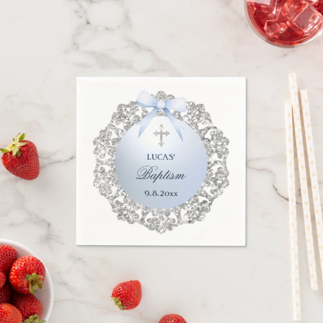 Silver Glitter Frame Blue Bow Baptism Napkin (Insitu)