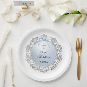 Silver Glitter Frame Blue Bow Baptism Paper Plate