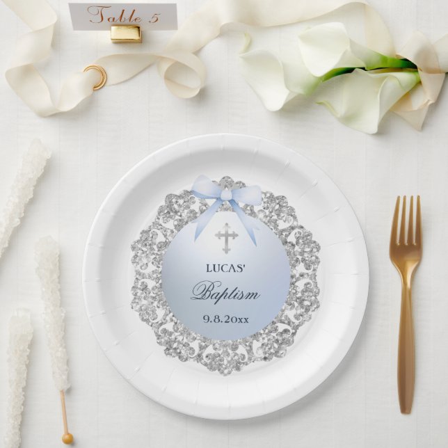 Silver Glitter Frame Blue Bow Baptism Paper Plate (Wedding)