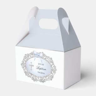 Silver Glitter Frame Blue Bow Baptism Small Gable Favour Box