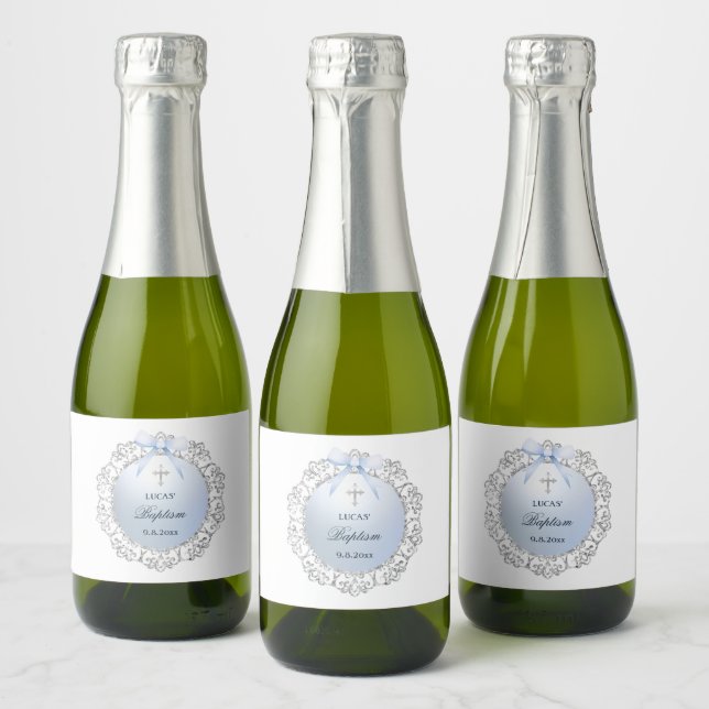 Silver Glitter Frame Blue Bow Baptism Sparkling Wine Label (Bottles)