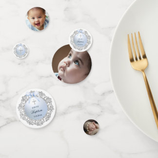 Silver Glitter Frame Blue Bow Baptism Table Confetti