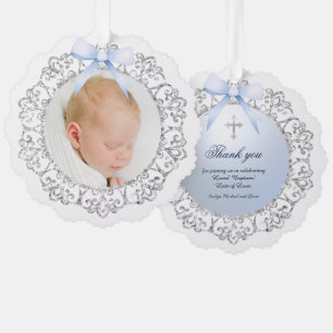 Silver Glitter Frame Blue Bow Baptism Thank You Tree Decoration Card
