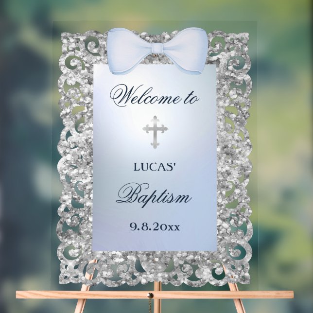 Silver Glitter Frame Blue Bow Baptism Welcome Acrylic Sign (Neutral)