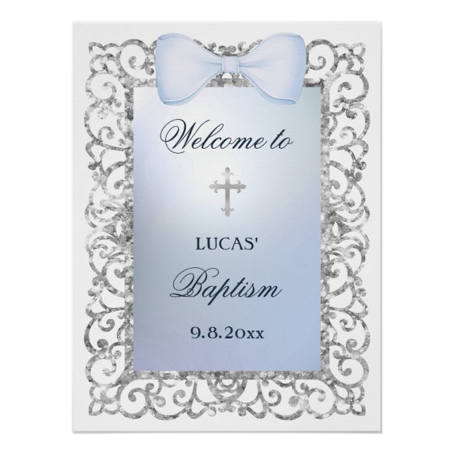 Silver Glitter Frame Blue Bow Baptism Welcome Poster (Front)