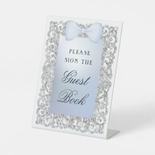 Silver Glitter Frame Blue Bow Guest Book Pedestal Sign