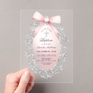 Silver Glitter Frame Pink Bow Baptism Acrylic Invitations