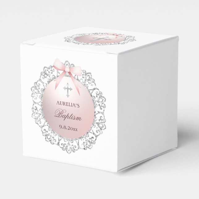 Silver Glitter Frame Pink Bow Baptism Cube Favour Box (Front Side)