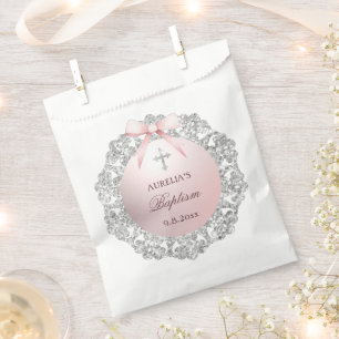 Silver Glitter Frame Pink Bow Baptism Favour Bags