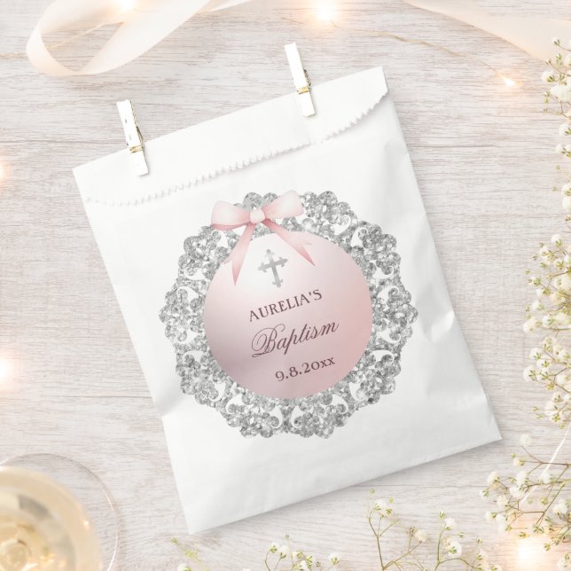 Silver Glitter Frame Pink Bow Baptism Favour Bags (Clipped)