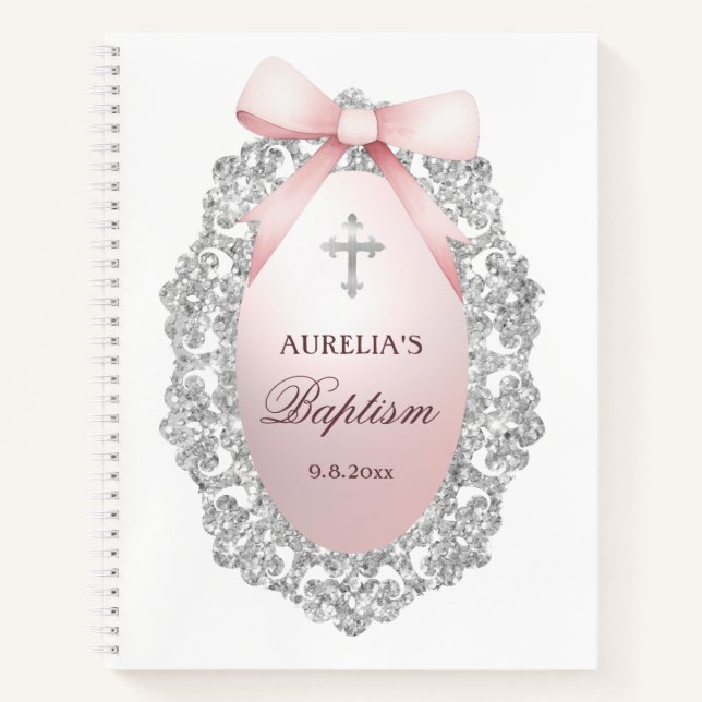 Silver Glitter Frame Pink Bow Baptism Guest Book (Front)