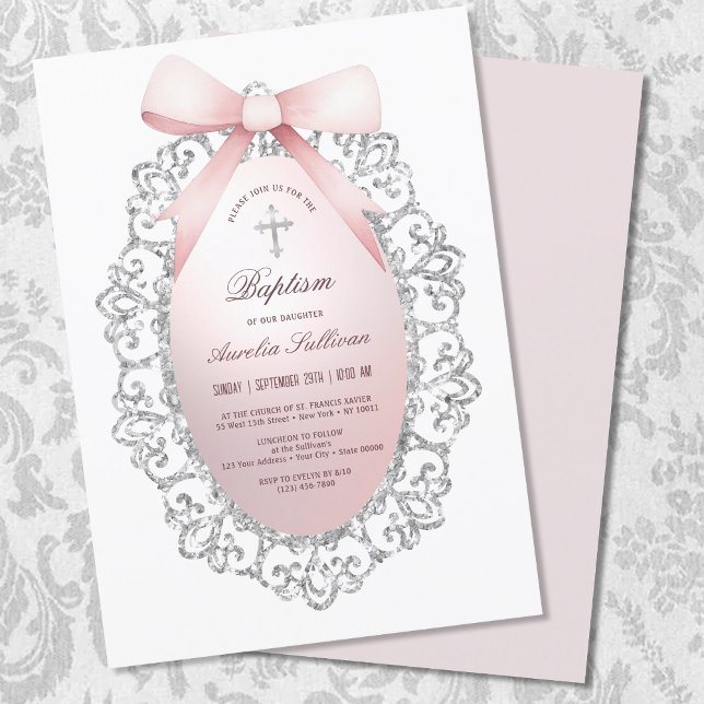 Silver Glitter Frame Pink Bow Baptism Invitation (Creator Uploaded)