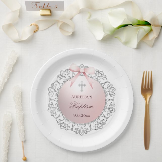 Silver Glitter Frame Pink Bow Baptism Paper Plate (Wedding)