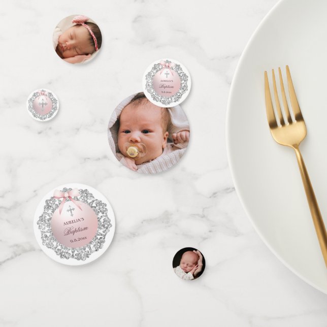 Silver Glitter Frame Pink Bow Baptism Table Confetti (Group)