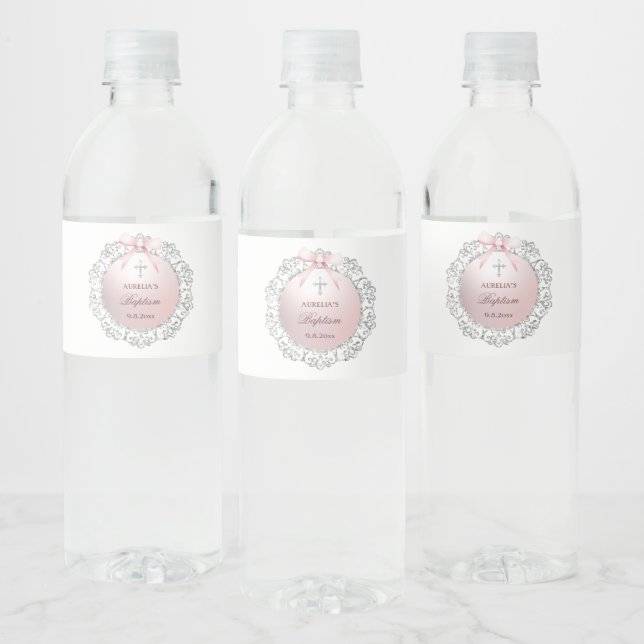 Silver Glitter Frame Pink Bow Baptism Water Bottle Label (Bottles)