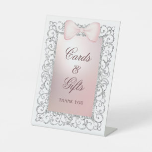 Silver Glitter Frame Pink Bow Cards & Gifts Pedestal Sign