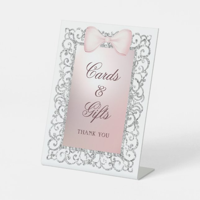 Silver Glitter Frame Pink Bow Cards & Gifts Pedestal Sign (Front)