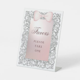 Silver Glitter Frame Pink Bow Favours Pedestal Sign